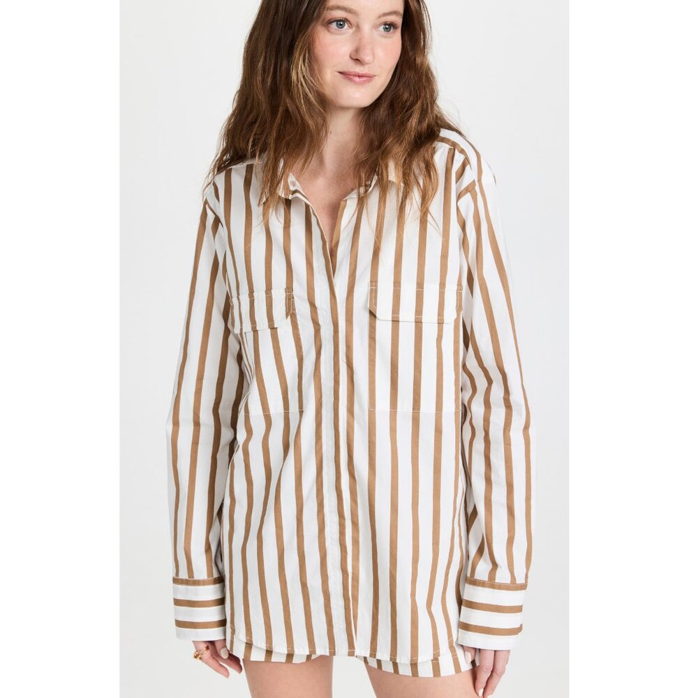NWT Mikoh Rotuma Button Down Long Sleeve Shirt Size XS / S, Cream & Camel Stripe